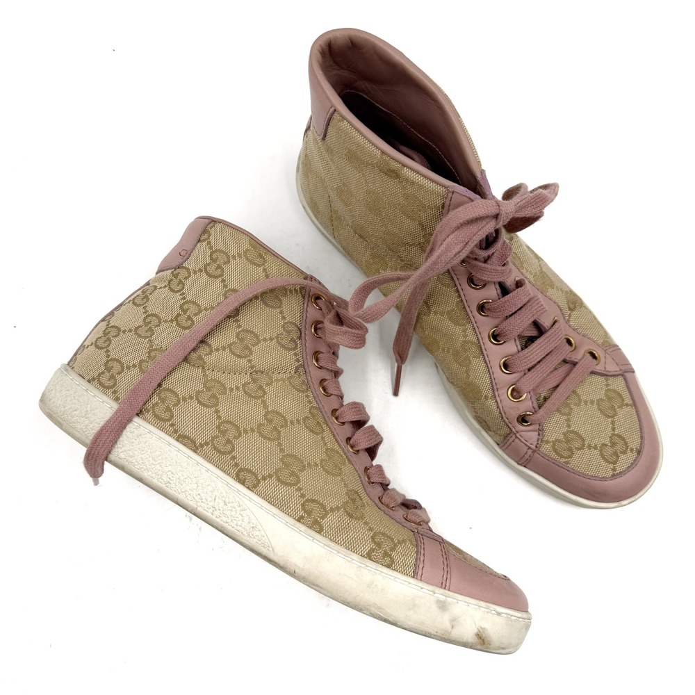 Gucci High Top Sneakers Beige Pink GG Supreme Monogram Leather Womens Sz 37 / 7